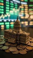 Miniature capitol building model surrounded by coins with blurred stock market data screens showing financial charts and numbers in background for economic concepts.