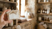 A person's hand holds a wrapped gift box with a kraft paper bow in a rustic home interior setting, suitable for holiday, celebration, and retail marketing content.