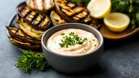 Creamy white sauce garnished with fresh herbs in gray ceramic bowl, served with grilled eggplant slices and lemon wedges on dark background for appetizer presentation.