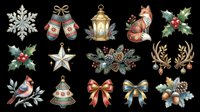 Festive holiday ornaments collection featuring snowflakes, mittens, lantern, cardinal, holly, star, bells, bows, and antlers isolated on transparent background. Ready for t-shirts, stickers, clipart, sublimation, and print-on-demand designs.