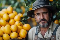 Mature bearded Caucasian farmer in hat and overalls standing near fresh harvested oranges in citrus garden, agricultural business concept for organic farming.