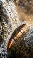 Small lizard with orange belly basking on wet rock surface near flowing water with golden sunlight creating dramatic backlighting and water droplets.