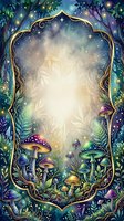 Enchanted forest frame with glowing mushrooms, magical lights, and ornate gold border, surrounded by mystical foliage and starry night sky. Perfect for fantasy designs and whimsical projects.