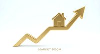Golden house icon on upward trending arrow showing real estate market growth and property value increase on white background.