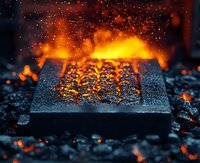 Glowing hot metal surface with sparks and embers against dark background, dramatic industrial metalworking process showing intense heat and fire effects.