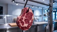Raw beef steak hanging on metal hook in professional butcher shop or meat processing facility with modern kitchen background, showcasing premium quality marbled meat for culinary use.