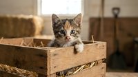 Adorable tabby kitten sitting in rustic wooden crate with straw in cozy barn setting. Cute domestic cat with striped fur pattern looking at camera.