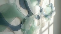 Abstract flowing ribbons in soft green and gray tones creating elegant curved shapes with translucent layers and smooth gradients for modern design projects.