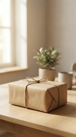 Eco-friendly gift box wrapped in brown kraft paper with natural twine bow on wooden table near window with plant in minimalist home interior.