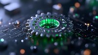 Futuristic gear mechanism with glowing green light on dark circuit board background, macro photography with selective focus and bokeh effect.