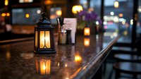 Lit lantern with candle on dark table at night with blurred city lights and reflections, suitable for hospitality, events, and ambiance design projects.