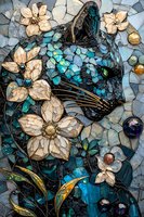 Mosaic artwork featuring black cat profile among white magnolia flowers and turquoise elements, creating stained glass effect with intricate floral patterns.