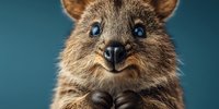 Adorable quokka with bright blue eyes and cheerful expression on teal background, perfect for wildlife photography and nature content.