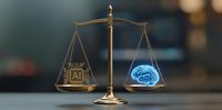 Golden scales of justice balancing courthouse symbol and glowing blue brain representing law versus artificial intelligence in legal technology.