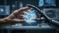 Human hand and robot hand touching with glowing digital network icons between them, representing artificial intelligence, machine learning, and human-technology collaboration in modern computing environments.