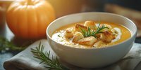 Creamy pumpkin soup with roasted chickpeas and fresh rosemary garnish served in white bowl, perfect for autumn comfort food recipes and seasonal dining.