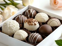 Assorted luxury chocolate truffles in white gift box with dark and white chocolate, decorated with coconut flakes and nuts. Elegant dessert presentation.