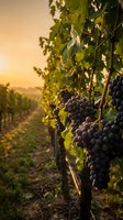 Ripe dark grape clusters hang from lush green vines in a sprawling vineyard at golden sunset, perfect for wine production, agriculture, and harvest-themed projects.