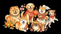 Cute dogs wearing red traditional outfits with lanterns and oranges, isolated on transparent background. Ready for t-shirt design, clipart, stickers, print-on-demand products and sublimation projects.