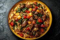 Tender beef chunks with colorful cherry tomatoes and fresh herbs served over pasta noodles on yellow plate against dark stone background. Food photography.