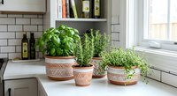 Fresh herbs growing in decorative terracotta pots on modern kitchen counter near window for cooking and culinary use in contemporary home interior.