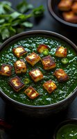 Palak paneer curry with crispy golden cheese cubes in rich green spinach sauce garnished with green chilies, served in dark ceramic bowl. Food photography.