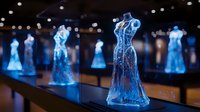 Glowing blue holographic evening dresses displayed in futuristic fashion exhibition, ethereal mannequins showcasing elegant gowns in dark gallery space.