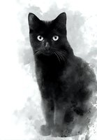 Watercolor black cat with bright eyes against white background, artistic pet portrait for greeting cards and wall art.
