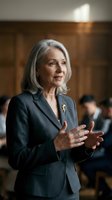 Confident mature businesswoman with gray hair speaking at corporate meeting in modern office boardroom for leadership presentations.