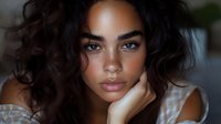 Young mixed race woman with curly dark hair and striking blue eyes gazes at camera with confident expression. Natural makeup and soft lighting create intimate portrait.