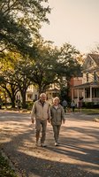 Senior Caucasian couple walking hand in hand through peaceful residential neighborhood during golden hour sunset with tree-lined street and historic homes.