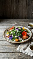 Fresh microgreen salad with edible flowers and cherry tomatoes on rustic wooden table for healthy dining and gourmet restaurant presentation.