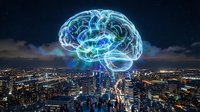 Glowing digital brain hologram floating above illuminated city skyline at night representing artificial intelligence and smart technology concepts.