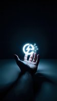 Hand holding glowing lightning bolt with circuit board connections against dark background, representing energy innovation, technology solutions, and power management for business concepts.