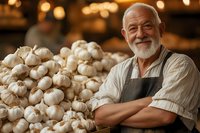 Senior Caucasian male farmer with white beard wearing apron stands proudly next to fresh garlic harvest display at farmers market, warm ambient lighting creates welcoming atmosphere.