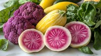 Fresh organic produce featuring purple cauliflower, striped yellow squash, watermelon radish slices showing vibrant pink pattern, and green leafy vegetables arranged on surface.