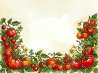 Ripe red tomatoes with green foliage and yellow flowers frame a cream background, creating a botanical border suitable for recipe cards, menus, and culinary designs.