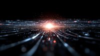 Glowing light burst with radiating lines and particles on dark background creates futuristic technology concept with digital grid perspective effect.