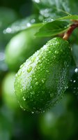 Fresh green avocado with water drops on skin hanging on tree branch against blurred bokeh background, macro photography for food and agriculture concepts.