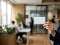 Businesswoman holding blank white card in modern office with colleagues working in background, corporate networking and professional communication concept.
