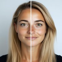 Split face portrait of young Caucasian woman with blonde hair showing skin before and after treatment, freckles and natural beauty comparison on light background.