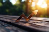 Golden arrow graph pointing upward on wooden surface with natural sunlight and bokeh background, representing business growth and success.