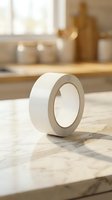 White masking tape roll on marble kitchen counter with blurred background for home improvement and crafting projects.