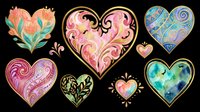 Watercolor decorative hearts set with gold details, isolated on transparent background. Great for Valentine's Day clipart, stickers, t-shirt design, and print on demand projects.