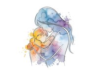 Mother embracing child in tender hug with watercolor splashes and line art style on white background isolated for design use.