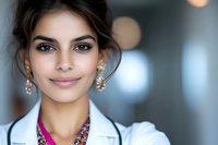 Young female doctor with stethoscope smiling confidently in modern medical facility. Professional healthcare worker portrait for medical marketing materials.