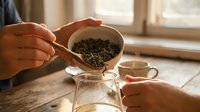 Hands pouring loose leaf green tea from ceramic bowl into glass jar for storage in warm kitchen setting with natural window light.