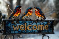 Decorative stained glass welcome sign with three colorful birds in blue and orange tones perched on top, creating warm and inviting home decor element.
