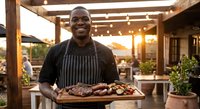 Happy African American chef presenting grilled meat platter on outdoor restaurant patio during golden hour sunset with string lights and wooden pergola.