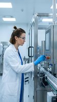 Female scientist in white lab coat and blue gloves operating pharmaceutical equipment in sterile laboratory setting. Healthcare professional conducting quality control testing in modern medical facility.
